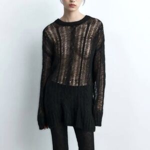 Zara Wool Blend Openwork knit sweater Black